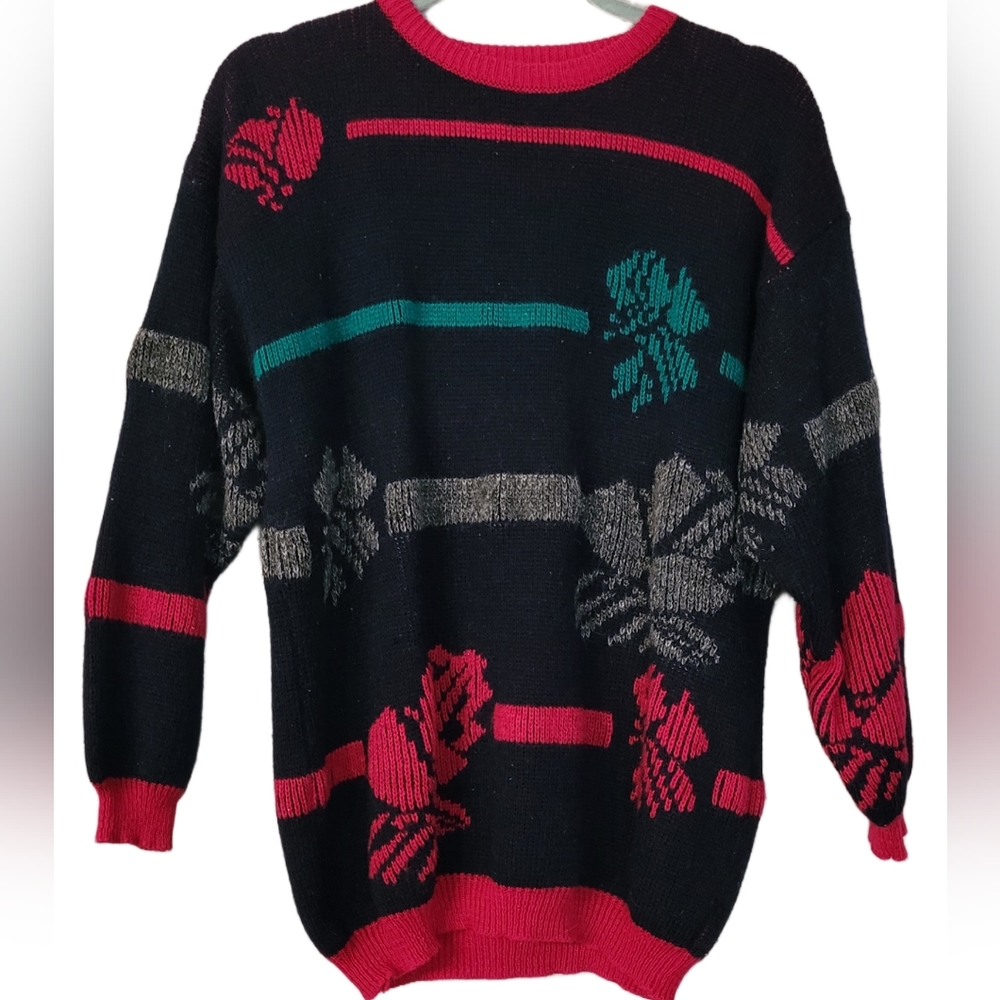Tarrazia Vintage 80s Sweater Knit Crewneck Pullover Size Medium Navy Pink